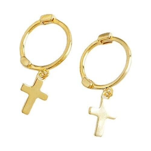 Cute for Child 18K Gold 100% Authentic 925 Sterling silver Polished Cross loop Hoop Huggie earrings FINE jEWELRY CE194