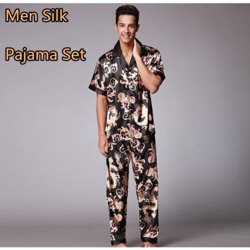 2020 Mens Stain Silk Pajama Sets Homewear pijama verano hombre homme Short Sleeve Trousers Summer Sleepwear Sexy Nightwear Men