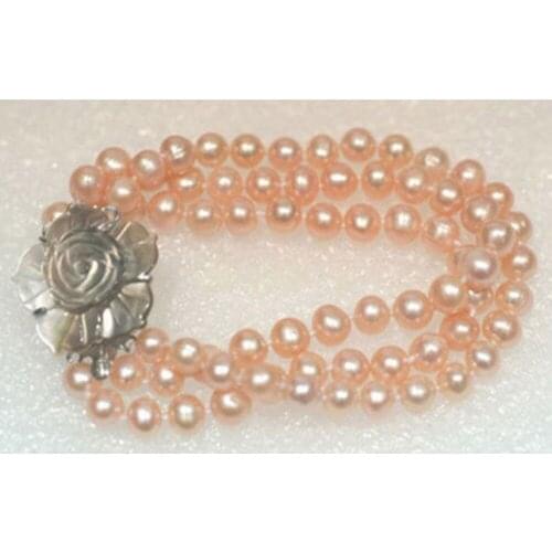NEW 3 Rows 7-8mm Genuine Pink Pearl White Shell Flower Clasp Bracelet 8"
