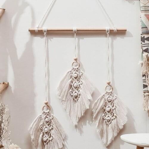 Nordic Bohemian Style Macrame Tapestry Handmade Woven Wall Hanging Tassels Leaves Feather Home Decoration Ornament with Wooden