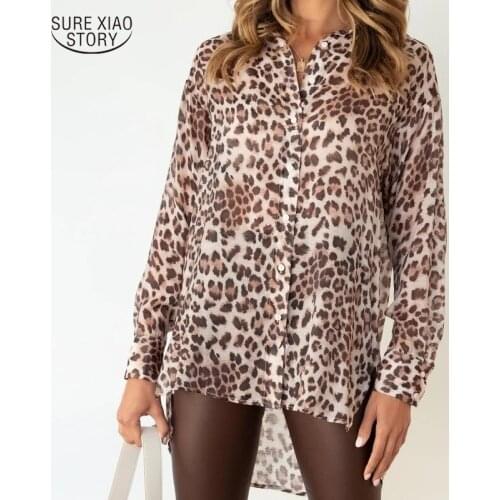 Printing Button Dovetail Blouse Long-sleeved Loose Shirt Female Fall 2021 Leopard Print Stitching Woman Shirt Blusas Mujer 16086