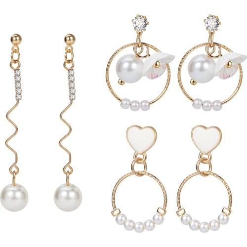ZWC Fashion Simple Pearl Crystal Drop Earrings For Women Girls Party Geometric Vintage Metal Long Tassel Earrings Sweety Jewelry