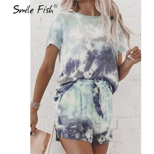 Fashion Gradient Color 2 Pieces Sets Leisure Homewear Casual T-shirt Shorts Clothes Women Summer Printed Tee Top Outfits G1644