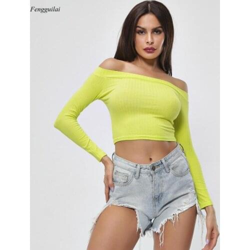 Women Off Shoulder Top Long Sleeve Short T-Shirts for Women Clothing Fashion Black Tees Korean Style