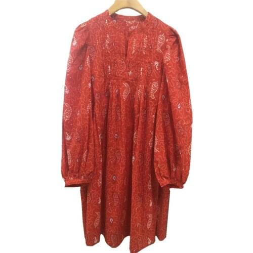 Women Cotton Pleated Loose Short Dress Lady Long Sleeve V-Neck Print Knee-Length Dresses 2021 Spring Summer