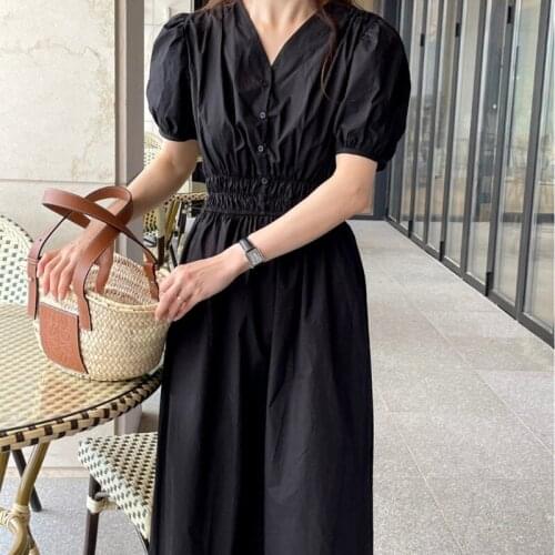 Korean Chic Summer French Gentle Wind V-Neck Pleated Elastic Waist Single-Breasted Solid Color Long Dress Women