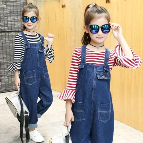 2020 Spring New Stripes 4-14y Girl Sweet Lotus Leaf Sleeve Bottoming Jeans Cowboy Strap Cute Pants Suit