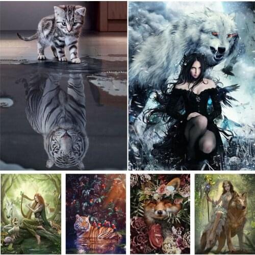 Animals Tiger Wolf Fox Diy 5D Diamond Painting Full Square and Round Embroidery Mosaic Wall Art Cross Handmade Home Decor