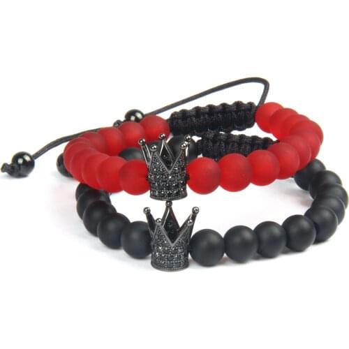 CZ Crown Charm Macrame Bracelet Couple Black and Red Matte Beads Luxury Men Pulseira Masculina Jewelry Drop Shipping