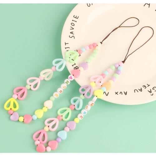 2021 New Candy Color Heart Phone Chain Women Fashion Cute Beads Mobile Phone Case Charm Telephone Anti-lost Lanyard Jewelry Gift
