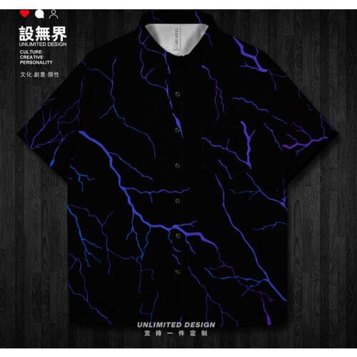 European and American style black gradient lightning lightning strikes Short-Sleeved shirt trends button up new Summer Clothes