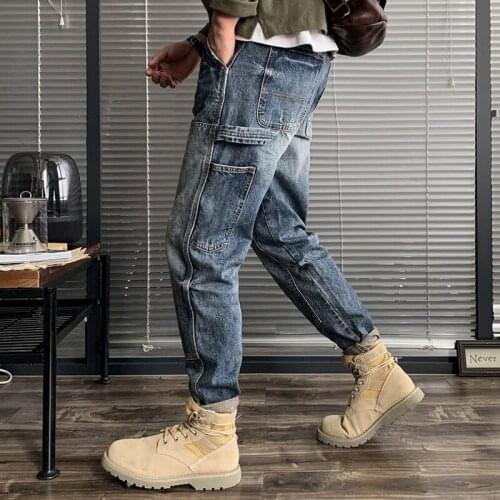 Fall/Winter Washed Cargo Jeans Men Loose Jeans Large Size Japanese Stitching Feet Harem Trendy Straight Pants Vintage Jeans Men