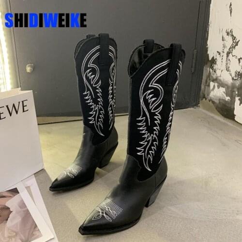 Western Cowboy Boots for Women Pointed Toe Womens Shoes Brand Embossing PU Leather Shoes Mid-calf Chunky Wedges Boot AB954