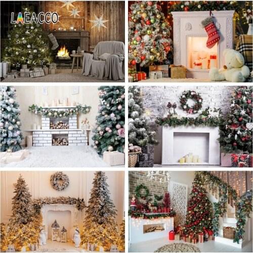 Laeacco Christmas For Family Photocall Fireplace Wreath Tree Gift Light Photography Backdrops Photo Backgrounds For Photo Studio