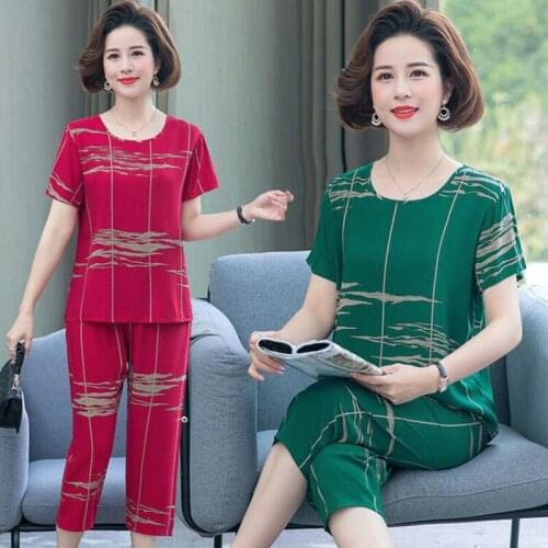 Summer Suit Female Middle-Aged Elderly Mothers Short-Sleeved T-Shirt Tops + Pants Cotton Silk Suit 2 Piece Set Elegant Homewear