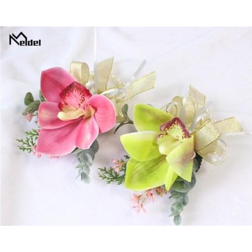 Meldel Women Brooch White Orchid Flowers Silk Wedding Corsage Bracelet Bridesmaid Flower Cuff Wedding Bracelets for Guest Flower