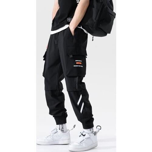 Mens Side Pockets Cargo Harem Pants 2021 Ribbons Black Hip Hop Casual Male Joggers Trousers Fashion Casual Streetwear Pants