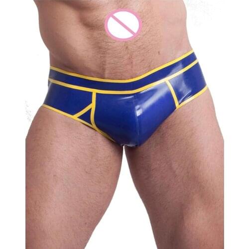 Latex Panties Handmade Sexy Men Blue with Yellow Trim Latex Lingerie Shorts Rubber Underwear Briefs
