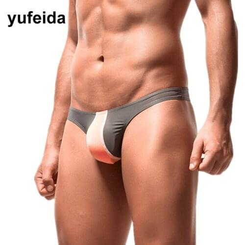 Mens Briefs Underwear Sexy Bikini Briefs Underpants Male Gay Big Pouch Panties Ice Silk Low-Rise Nightwear U Convex Jockstrap