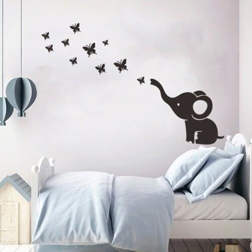 Black Baby elephant and butterfly Wall Sticker for kids baby room home decoration Mural Decals wallpaper Cartoon animal stickers