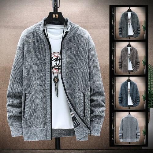 2021 Autumn Korean O-Neck Mens Thick Sweaters with Velvet Mens Cardigan Knitted Sweatercoats Solid Jacket Male M-3XL 6663