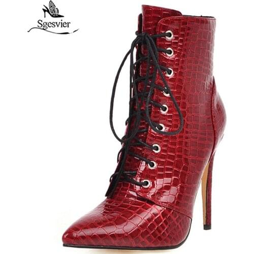 Sgesvier Winter Ankle Boots Women Zipper Thin Heel Short Boots Patent Leather Super High Heel Shoes Female Autumn Red Size 34-48