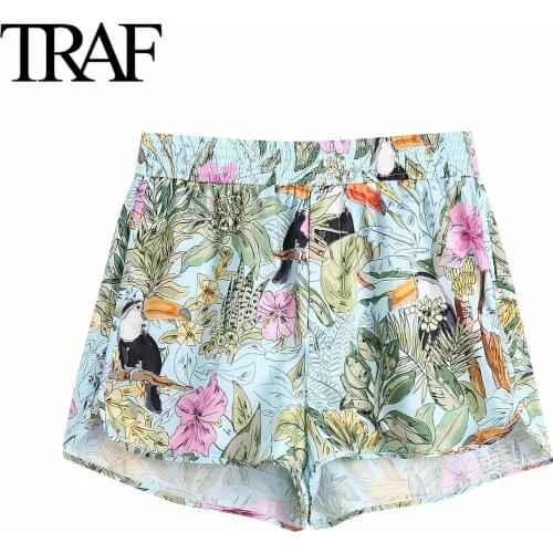 Traf Women Clothes 2021 Summer Sexy Mini Print Shorts Chic Ladies Shorts Hot Pants Elastic High Waist Wide Leg Shorts