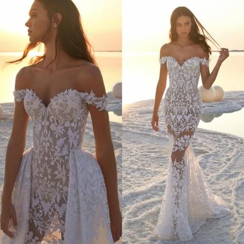 2020 Off Shoulder Mermaid Wedding Dresses Illusion Transparent Beach Bridal Gowns vestido de novia Backless Lace robes de mariée