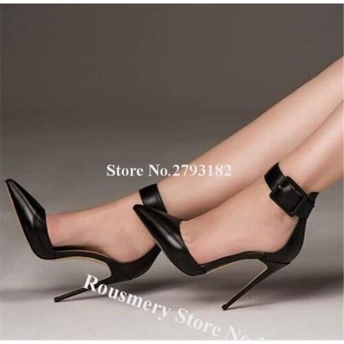 Fashion Brand Pointed Toe Stiletto Heel Pumps Black Red Gold Ankle Strap Buckle High Heels Formal Dress Shoes Big Size Shoes