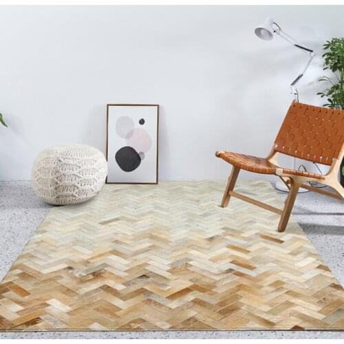 High-quality Nordic Patchwork Natural Cowhide Rug, Gradient White Beige Stitching Cow Fur Leather Carpet Living Room Rugs