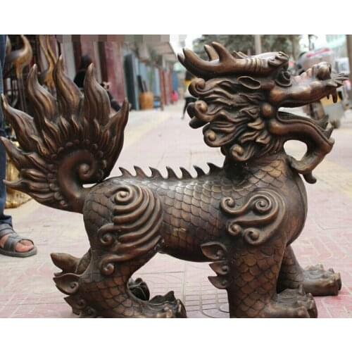 Xd 002216 32" High Folk Chinese Bronze Copper Buddhist Temple Dragon Kylin Beast Statue