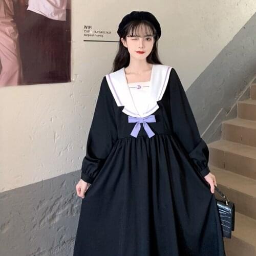 Women Plus Size Preppy Navy Style Ankle Length Sailor Collar Dress Korea School Girl French Fresh Style Pleated Bow Dresses