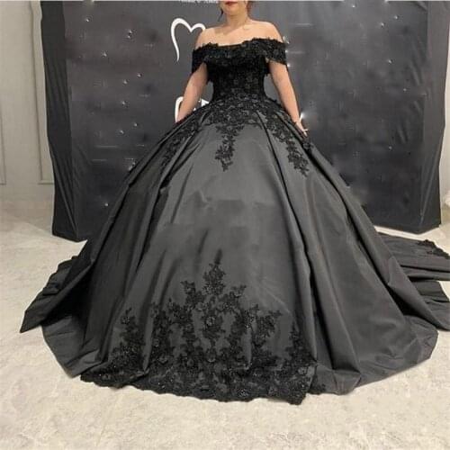 Gothic Black Appliques Wedding Dresses Off the Shoulder Ball Gown Short Sleeve Beading Lace Corset Back Vestidos de Novia