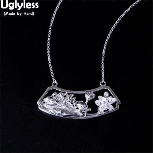 Uglyless 100% Real 925 Sterling Silver Handmade Lotus Chokers for Women Ethnic Vintage Hollow Square Medal Necklace Leaf Pendant