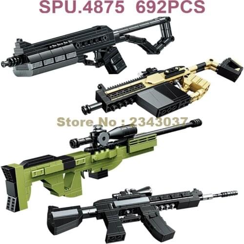 Ql1274 692pcs 4in1 Military Weapon Gun Awm Sniper Rifle M4 Assault Bison Kriss Submachine Building Blocks Toy