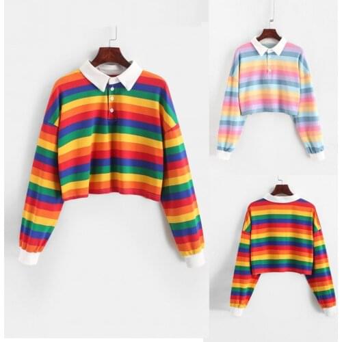 Color Long Sleeve Shirt Womens Stripe Button Long Sleeve Pullover Hoodies Rainbow Cotton Blend Soft Sweatshirt Худи Женский 2021