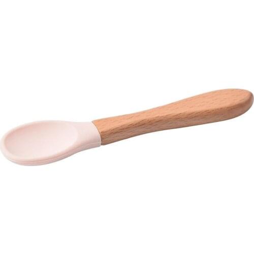 Baby Silicone Spoon Candy Color Safety Baby Learning Wood Spoon Children Kids Boy Girl Food Feeding Tools Gadgets Utensils Set