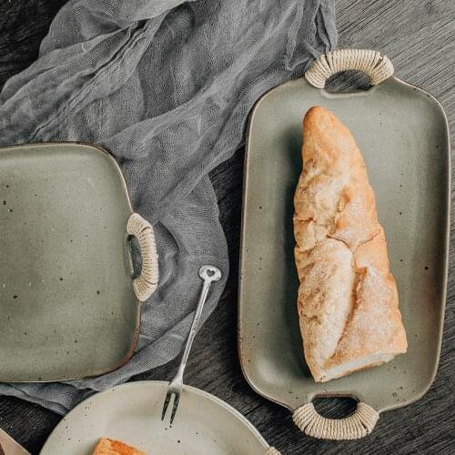 Dinner Plate Ceramic Plate Assiette Tray Terracotta Dish Pottery Tray Double Ears Plate Commercial Vintage Dish Dinnerware 1pcs