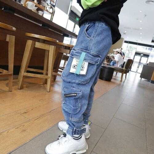 2020 New Boys Jeans Big Boys Overalls Multi-pocket cargo pants Autumn Winter Childrens Denim Trousers Thick Casual Ribbon Jeans