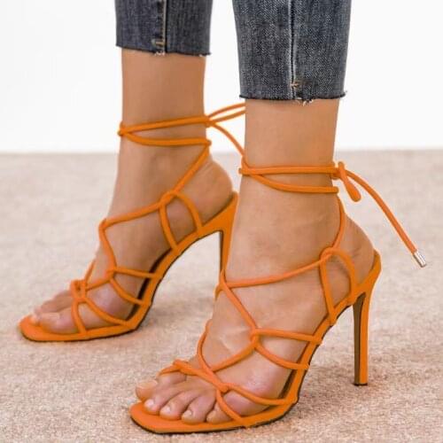 Ins Hot Shoes Casual Cross Strap Open Round Toe Summer Women Sandal Lace up Square Toe High Heel