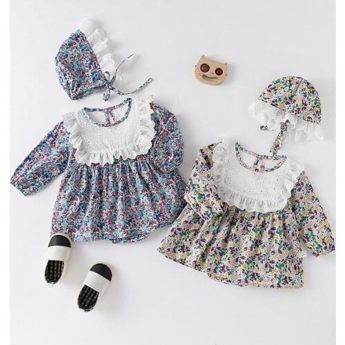 Fashion Baby Girl 2 Piece Set Floral Print Lace Ruffles Collar Long Sleeve Baby Girl Romper Dress+hat Cute Princess Dress 0-18M