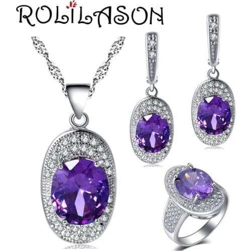 ROLILASON Silver ingots purple For women Earrings Necklace pendant Rings Jewelry Sets USA size #6#7#8#9#10 JS718