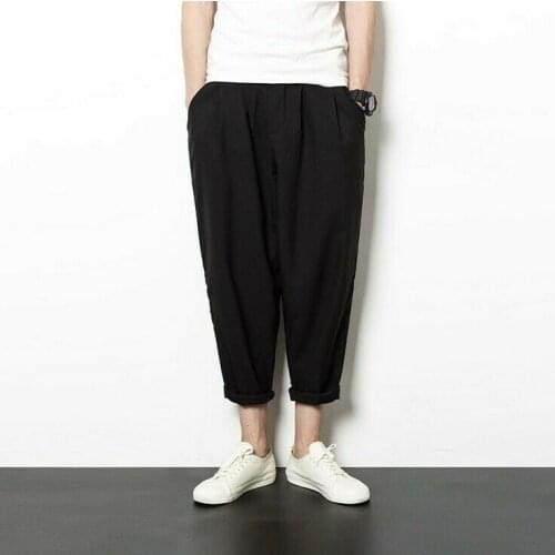 Mens loose linen blend summer breathable beach casual pants trousers fashion