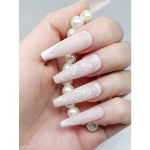 False Nails Design Wedding Celebration Artificial Nails Tips Press On Detachable Ballerina Coffin Pink White Long Drop 30pc/Set