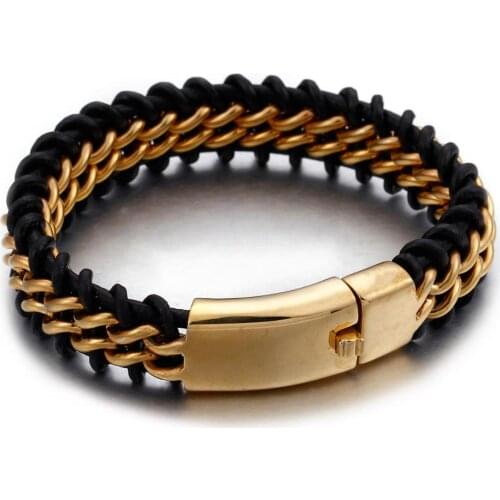 New Design Multi-layers Handmade Braided Genuine Leather Bracelet & Bangle For Men Male Gold Stainless Steel Buckle Jewelry Gift
