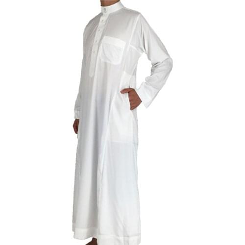 Men Solid Color Jubba Thobe Saudi Arab Long Sleeve Abaya Islamic Clothing Robe Kaftan Muslim Clothing for Pakistan Pray Dress