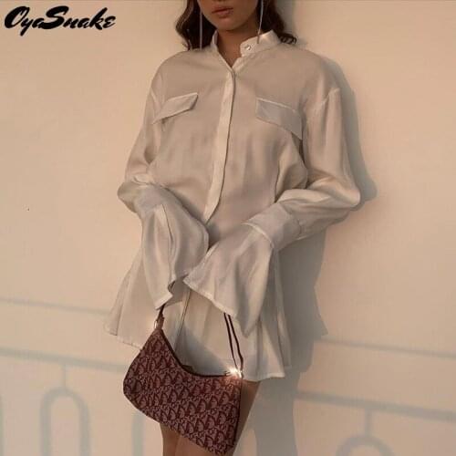 Oyasnake 2021 New Fashion Stand Collar Flare Long Sleeve Single Button Cardigan Solid Sexy Womens Loose Folds Mini Shirt Dresses