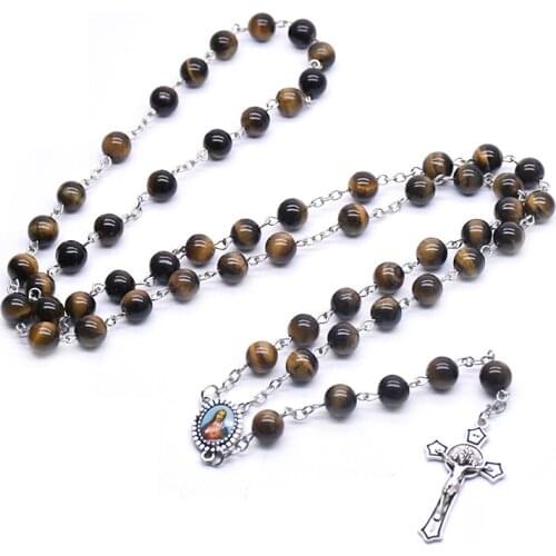 Holy Father Natural Tiger Eye Stone Cross Rosary Necklace Prayer Beads Chain Catholic Church Supplies Wholesale Jewelry