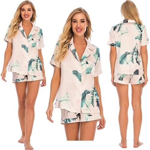 Button-down Ladies Pajama Set Satin Silk Pajamas Short Sleeve Top Shorts Womens Lounge Wear Home Suit Plus Size Nightwear Set