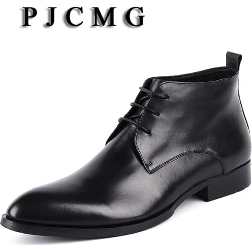 PJCMG High Quality Men Boots Black Lace-Up Ankle Waterproof Rubber Casual Genuine Leather High Top Dress Wedding Military Boots